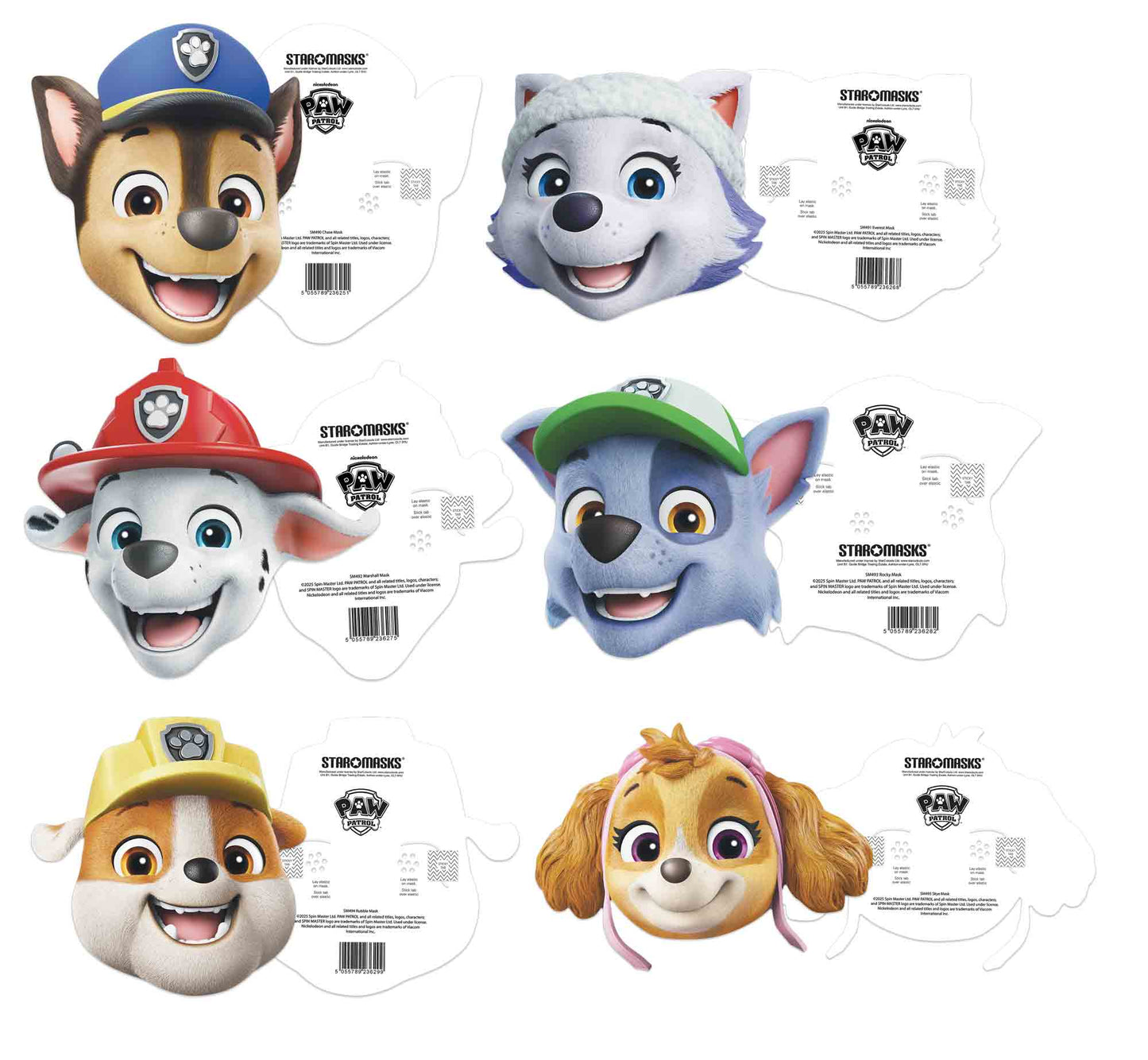 SMP463 Paw Patrol Chase, Rubble, Marshall, Zuma, Skye & Rocky Multipack Masks 6 Pack Cardboard Cut Out Height 30cm