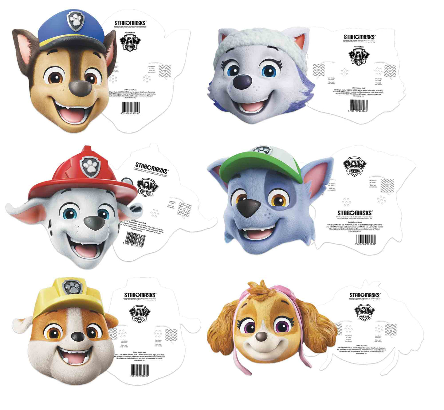 SMP463 Paw Patrol Chase, Rubble, Marshall, Zuma, Skye & Rocky Multipack Masks 6 Pack Cardboard Cut Out Height 30cm