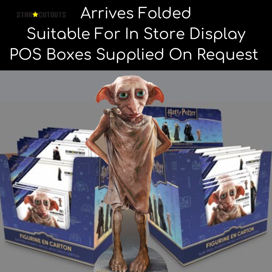 Dobby figurine with packaging and text about store display and POS boxes.