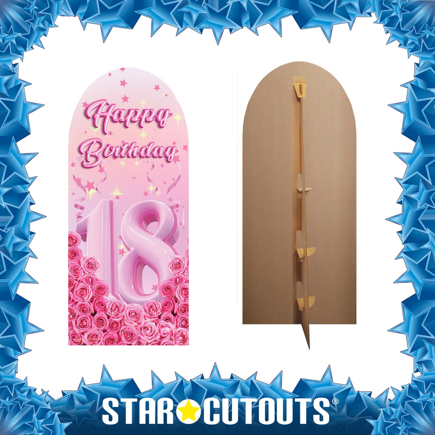SC4618 Happy Birthday Pink Gold Stars Roses Backdrop Sailboard Cardboard Cut Out Height 185cm