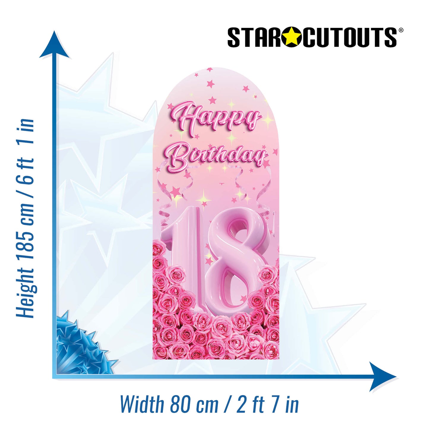 SC4618 Happy Birthday Pink Gold Stars Roses Backdrop Sailboard Cardboard Cut Out Height 185cm