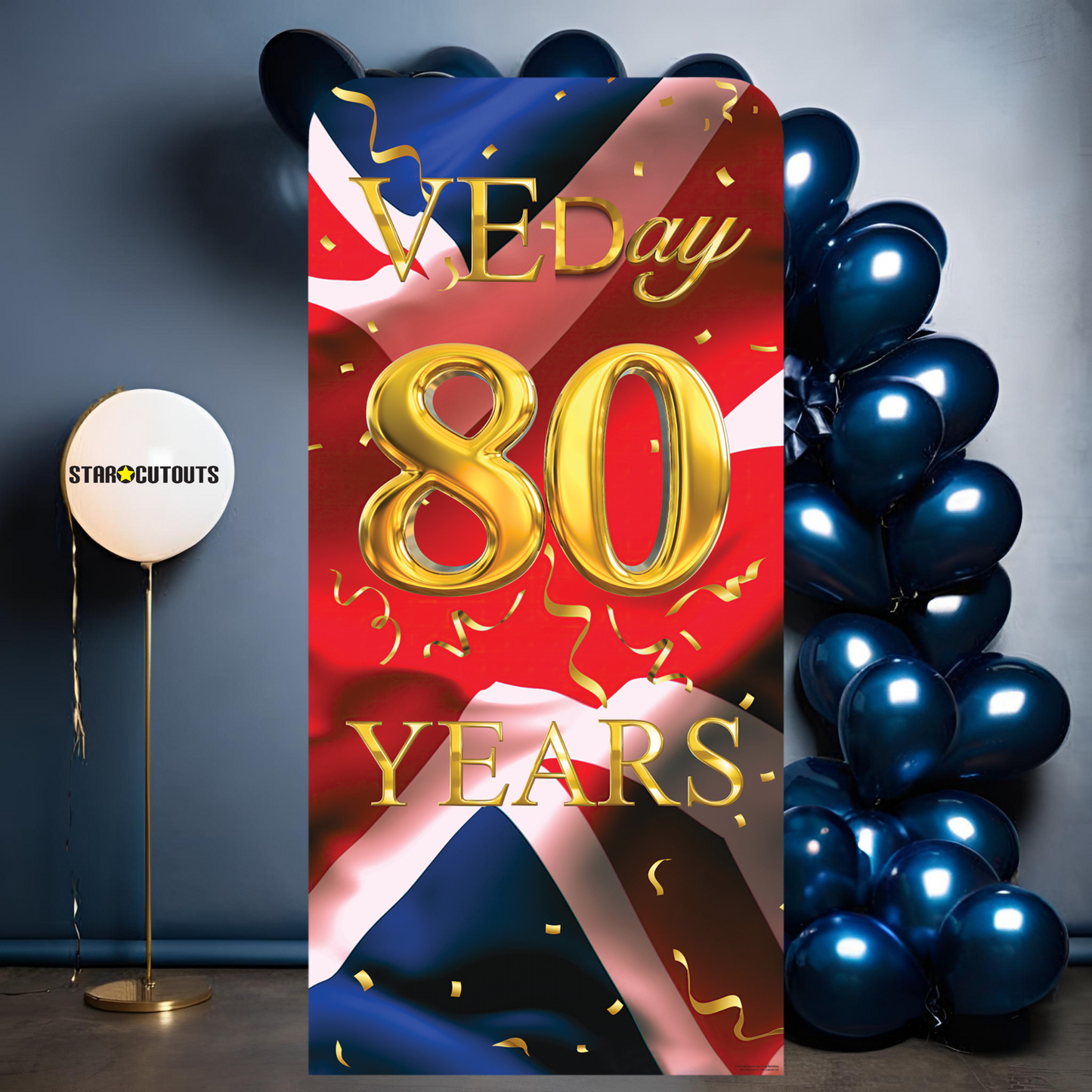 SC4623 VE Day Gold 80 Years Union Jack Flag Backdrop Single Cardboard Cut Out Height 191cm