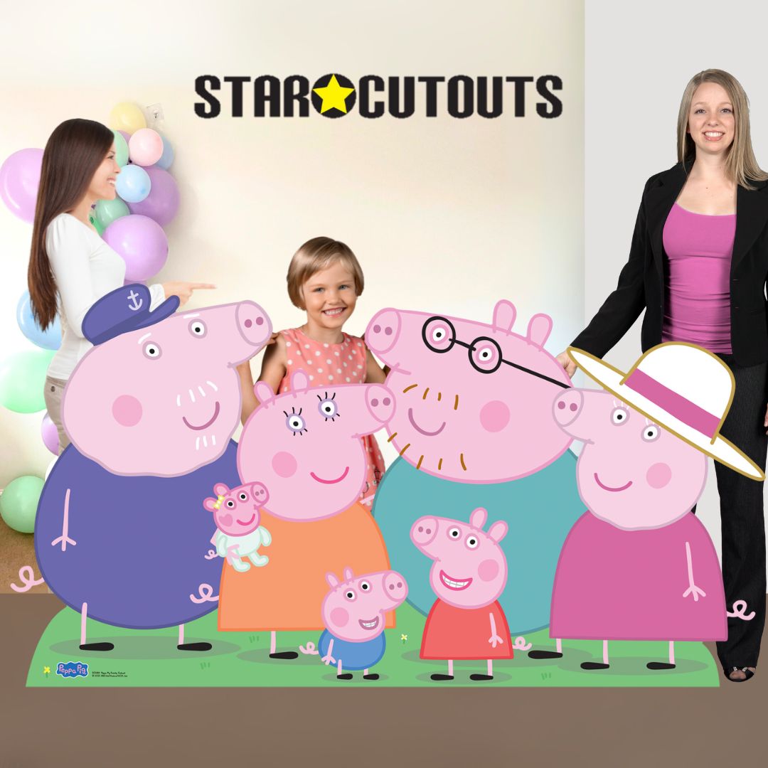 SC4861 Peppa Pig Family Group Cutout - Peppa, George, Mummy, Daddy, Grandpa, Granny and Baby Evie Pig Cardboard Cut Out Height 91cm