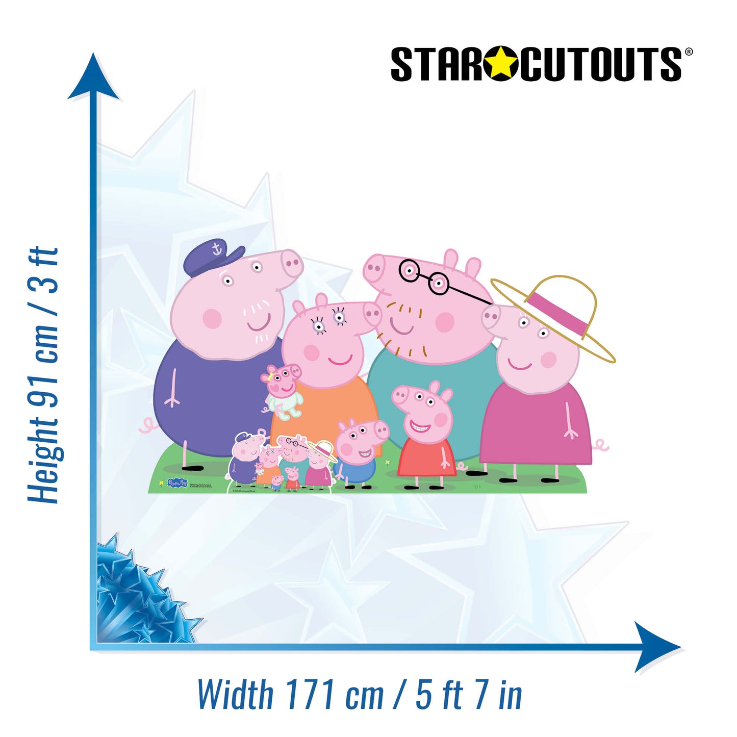 SC4861 Peppa Pig Family Group Cutout - Peppa, George, Mummy, Daddy, Grandpa, Granny and Baby Evie Pig Cardboard Cut Out Height 91cm