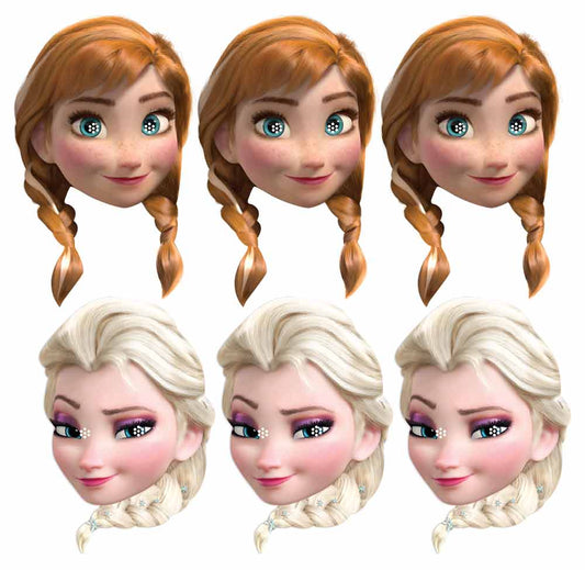 SMP294 Frozen Multi  (3x Anna, 3x Elsa) Frozen Six Pack Cardboard Face Masks With Tabs and Elastic