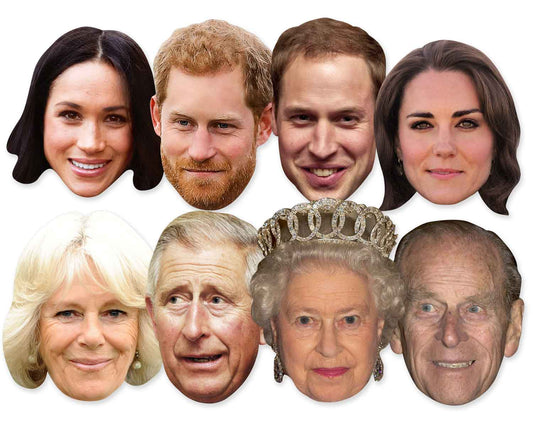 SMP370  Royals 8 Pack (Queen, Phillip, William, Kate, Charles, Camilla,  Harry Beard, Meghan) Royals Eight Pack Cardboard Face Masks With Tabs and Elastic