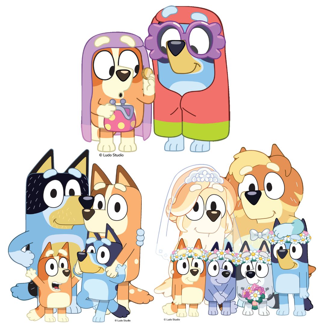 SC4766 Bluey & Bingo, Grannies, Heeler Family & Bluey Family Wedding Shelf Top Pack Cardboard Cutouts Height 21cm