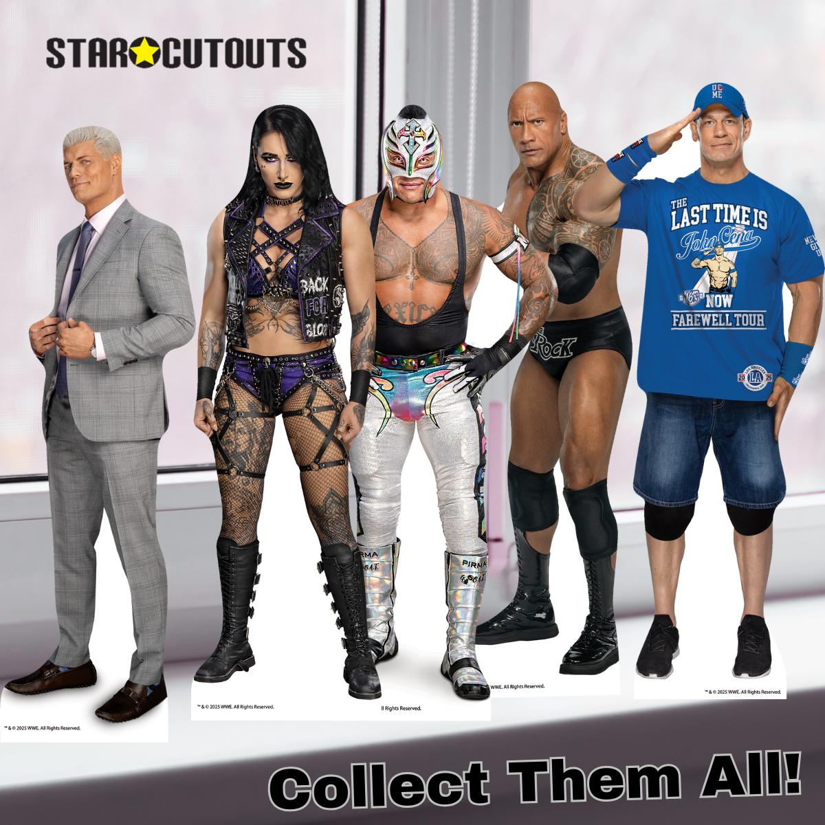 WWE Shelf Top Cardboard Cutouts The Rock, John Cena, Cody Rhodes, Rhea Ripley and Rey Mysterio Set Up