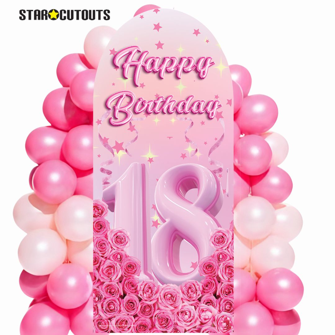 SC4618 Happy Birthday Pink Gold Stars Roses Backdrop Sailboard Cardboard Cut Out Height 185cm