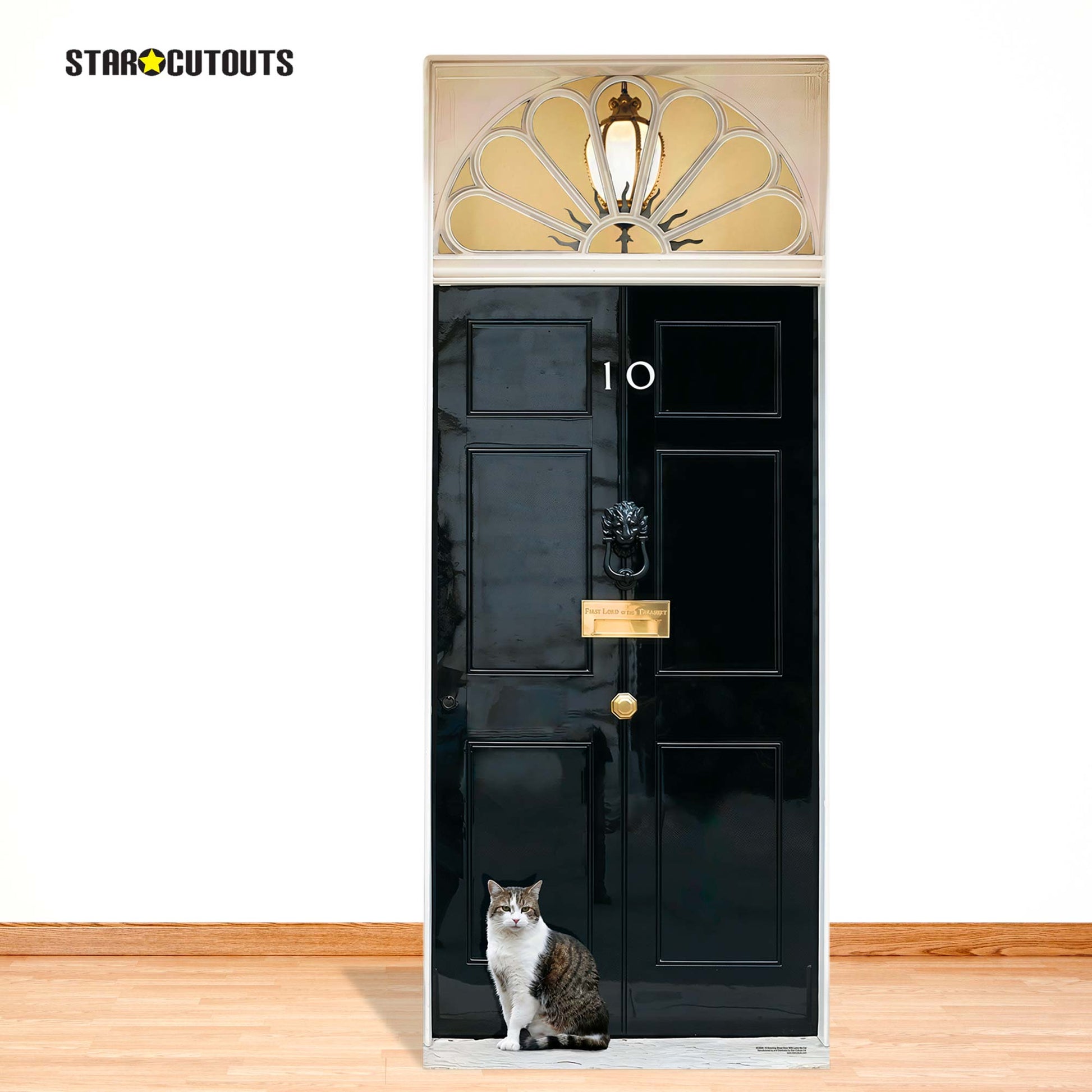 Black door with gold accents and a cat peeking out, branded 'Star Cutouts'.