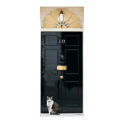 Black door with gold handle and knocker, featuring a cat at the bottom