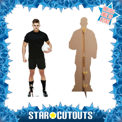 SC1399 Rugby Player In Black Cardboard Cut Out Height 188cm