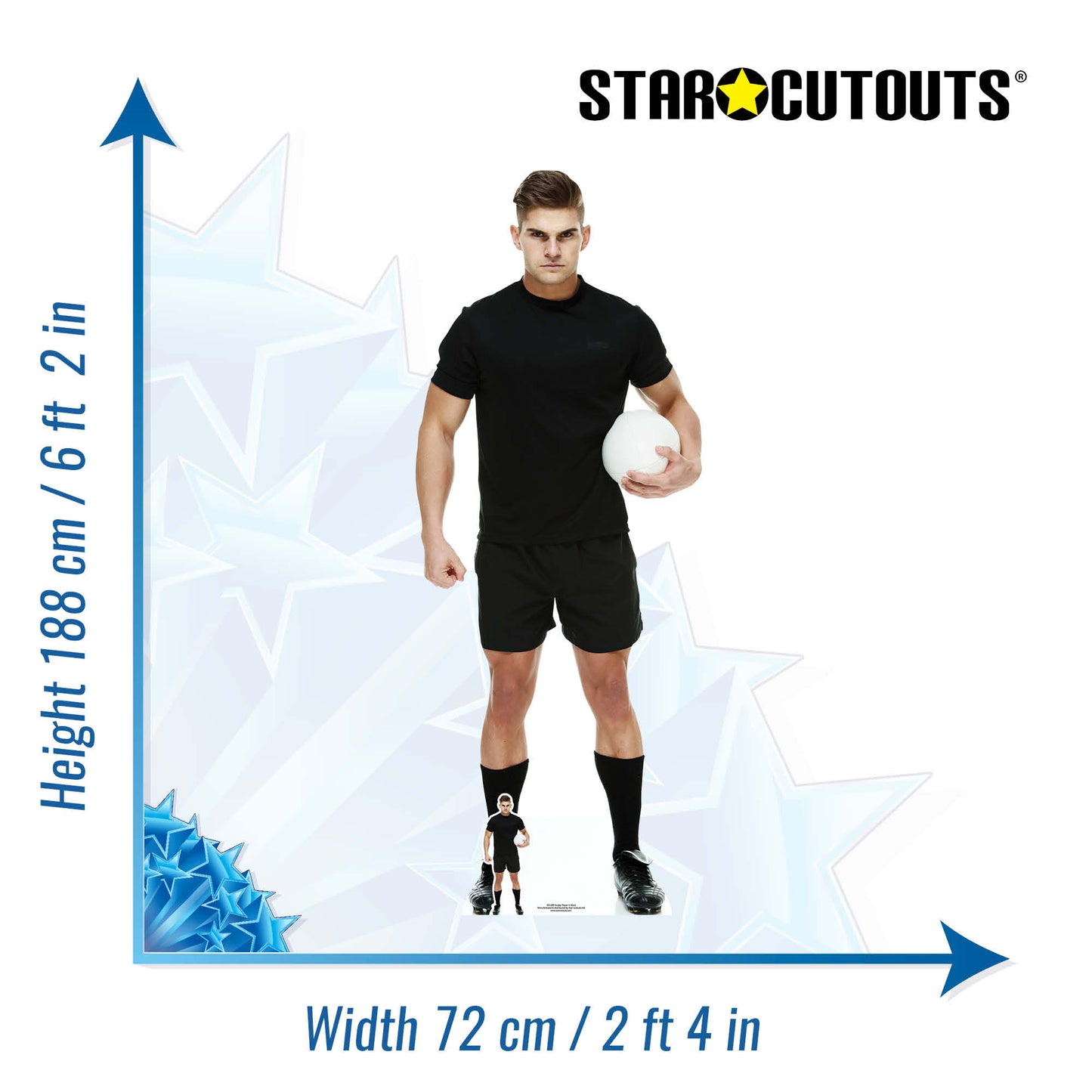 SC1399 Rugby Player In Black Cardboard Cut Out Height 188cm