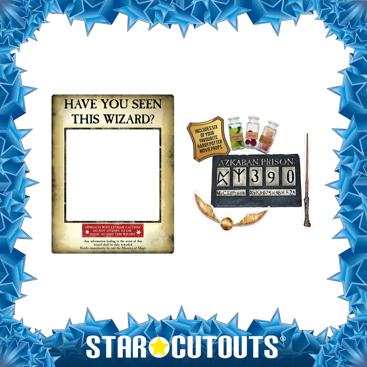SC1419 Harry Potter Wanted Poster as Gold Selfie Frame Have You Seen This Wizard? Cardboard Cut Out Height 87cm