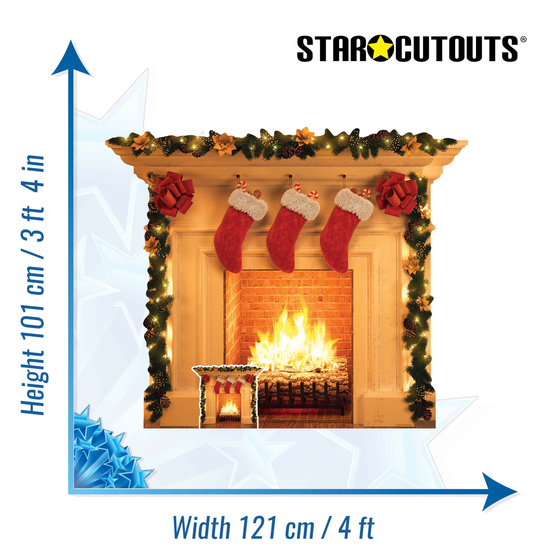 SC1458 Festive 1 dimensional Christmas Fireplace Cardboard Cut Out Height 101cm - Star Cutouts