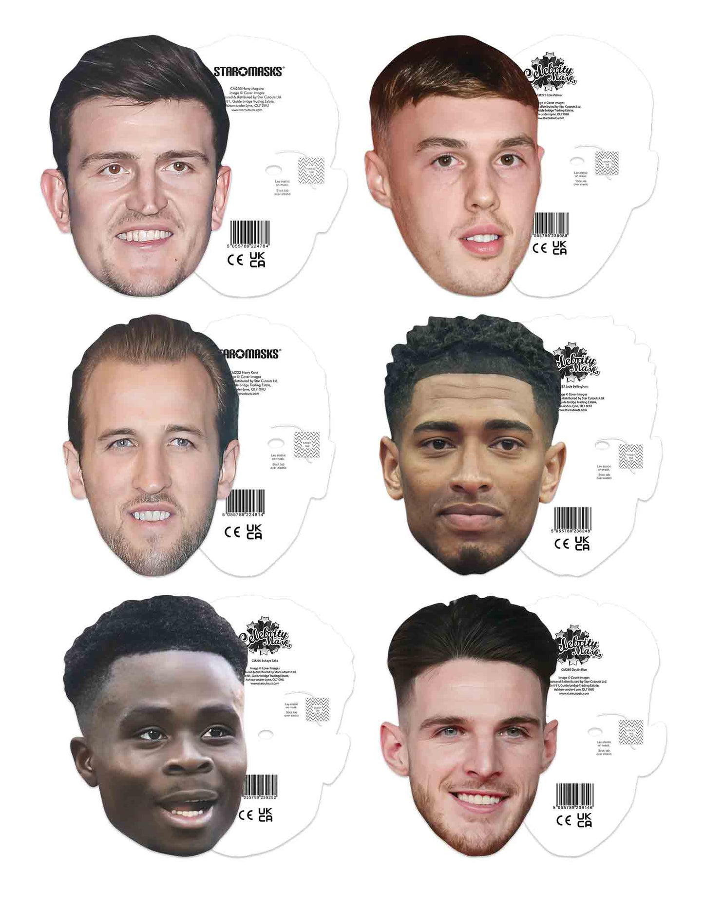 SMP473 England Six Pack Masks - Declan Rice, Bukayo Saka, Jude Bellingham, Harry Kane, Cole Palmer & Harry Maguire - Footballers
