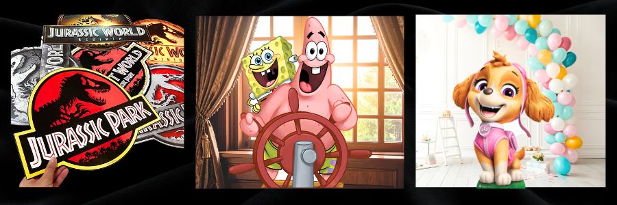 Three product images including 'Jurassic Park' movie poster, SpongeBob SquarePants character, and Paw Patrol character.