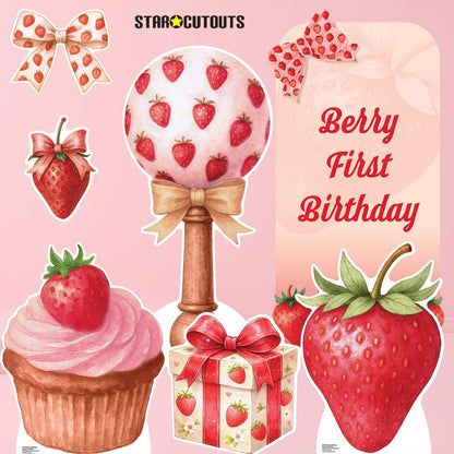 Collection of strawberry-themed birthday cutouts with 'Star Cutouts' branding on a pink background.