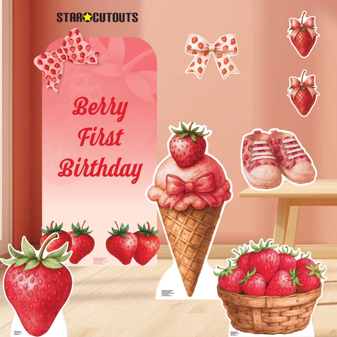 Collection of strawberry-themed birthday cutouts with 'Star Cutouts' branding on a pink background.