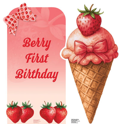 Decorative sign for a berry-themed first birthday party with an ice cream cone and strawberries.