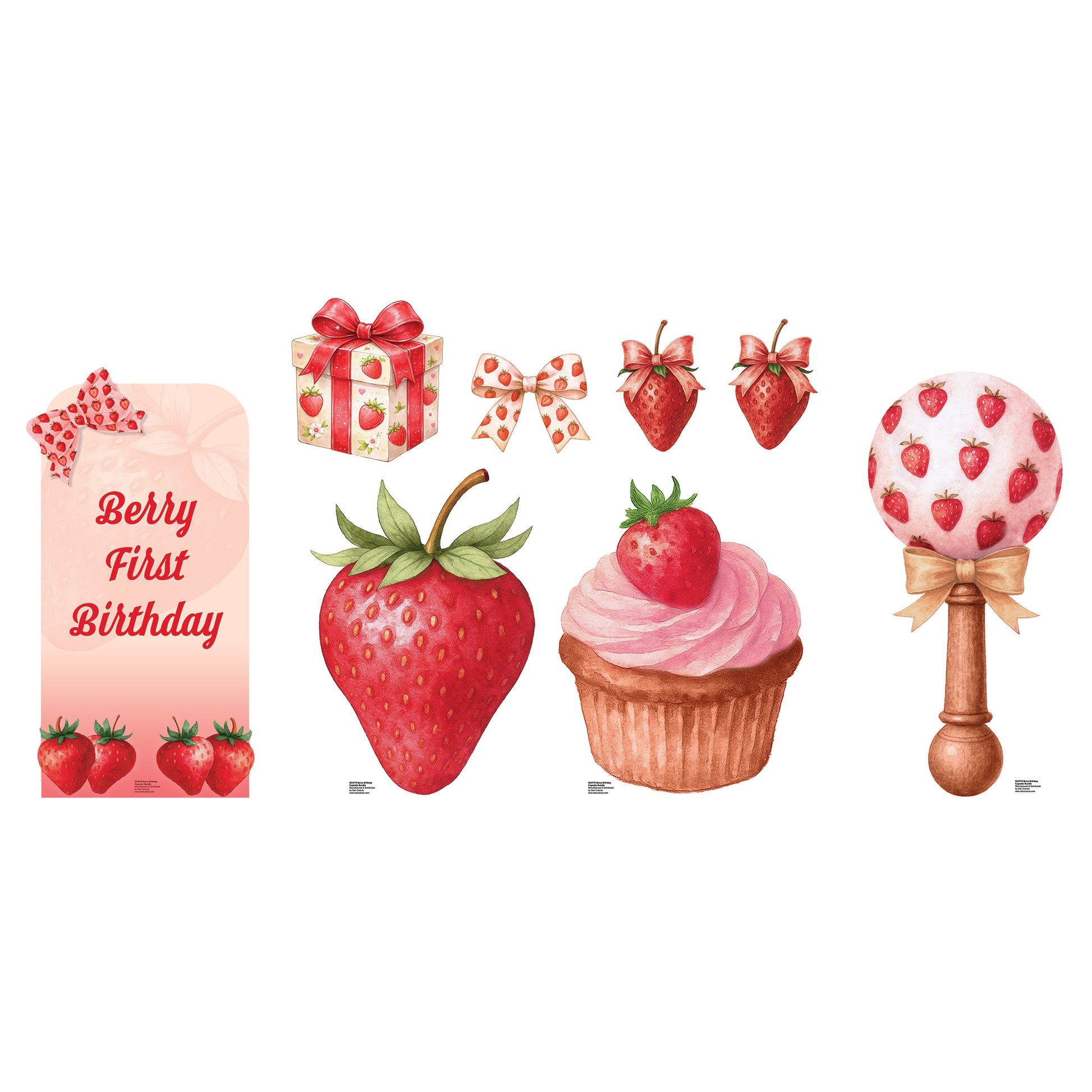 Collection of strawberry-themed birthday items including a cake, gift box, and cupcake on a white background.