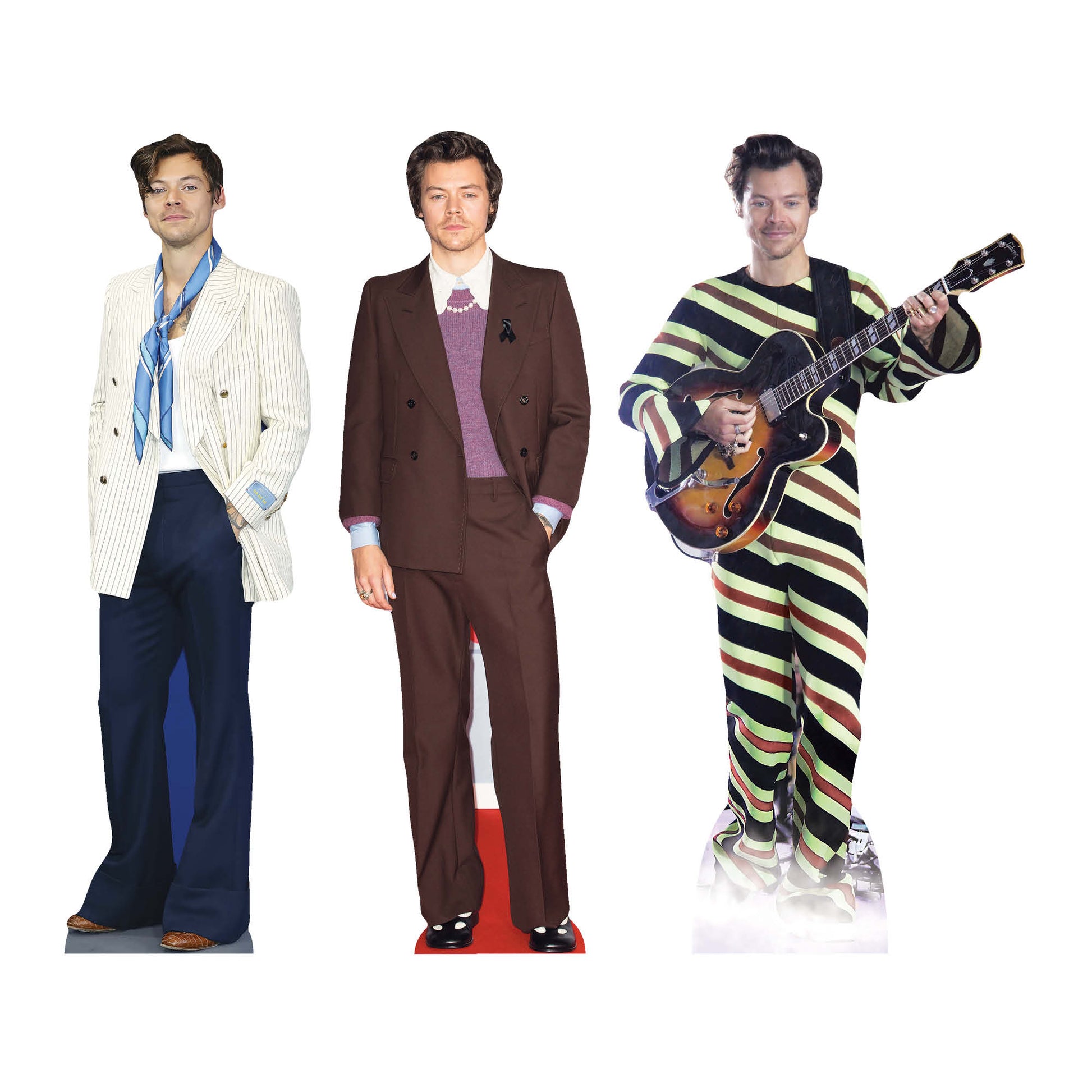 Three cardboard cutouts of Harry Styles in different outfits, suitable for shelf top display.