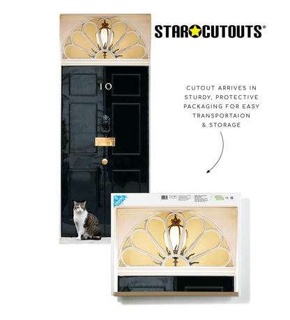 Decorative cutout of a black door with gold accents and a cat, featuring Star Cutouts branding.