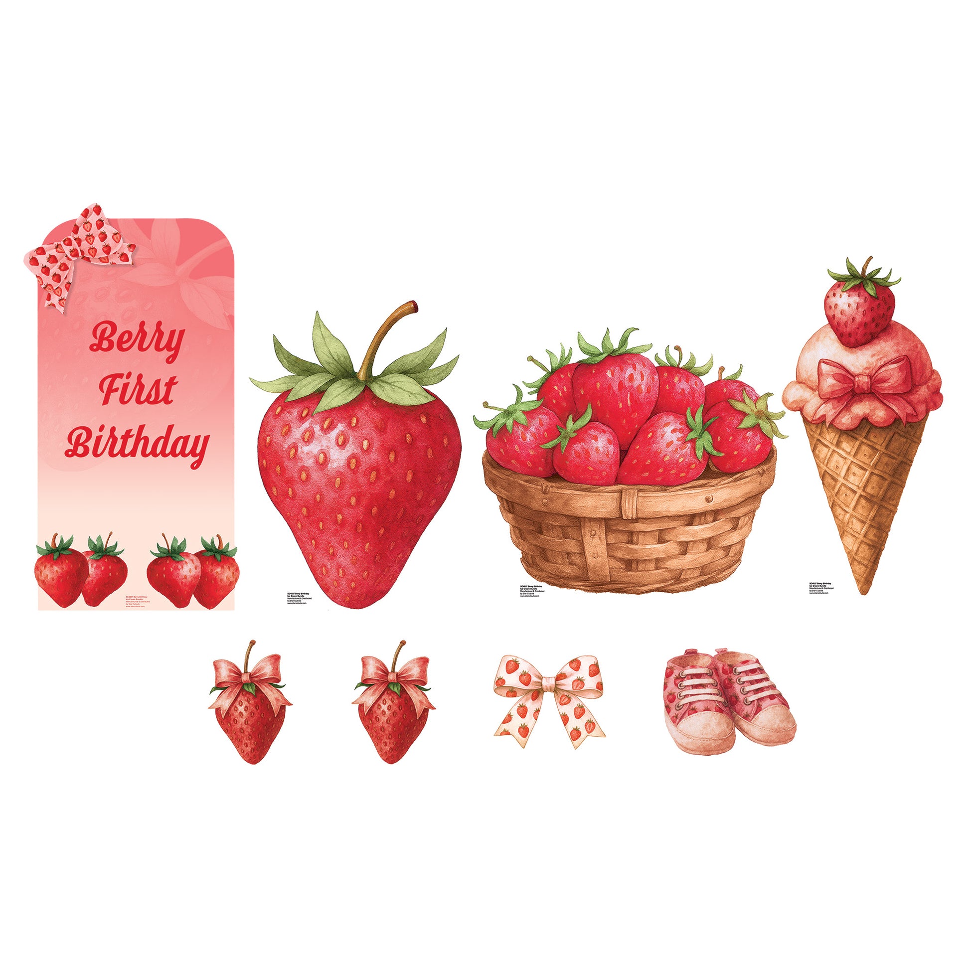 Collection of strawberry-themed items for a 'Berry First Birthday' theme on a white background.