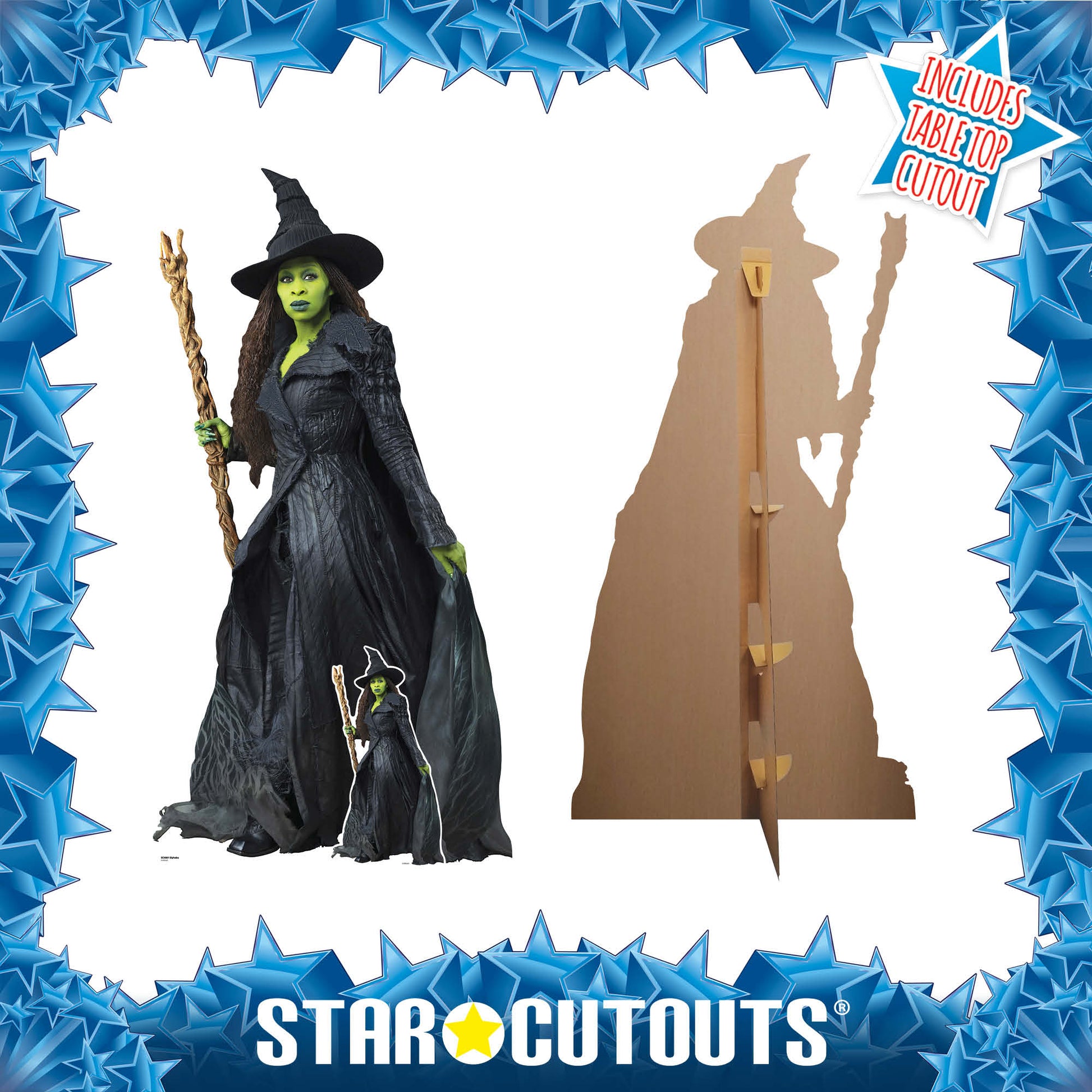 Front and Back of Elphaba Cynthia Erivo Cardboard Cutout Wicked For Good Party Decoration