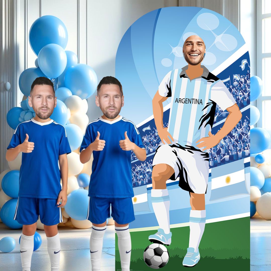 Two people in blue sports outfits giving thumbs up next to a cardboard cutout of a soccer player in Argentina jersey.