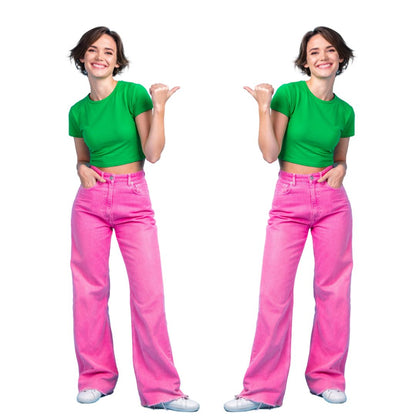 Two identical images of a person wearing a green shirt and pink pants on a white background one is a cardboard cutout custom personalised.
