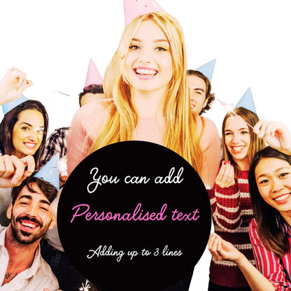 Group of people wearing party hats with a customizable text overlay on a white background