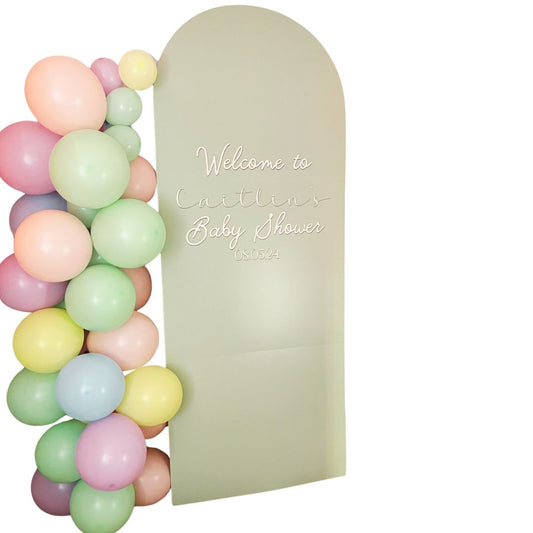 Pastel sage green balloon arch with a personalised baby shower sign on a white background