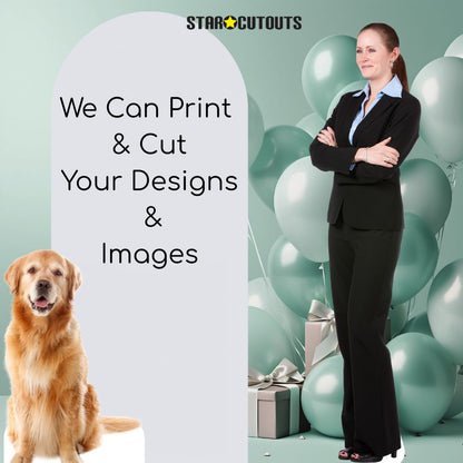Custom Cardboard Cutout examples of a dog board and woman.