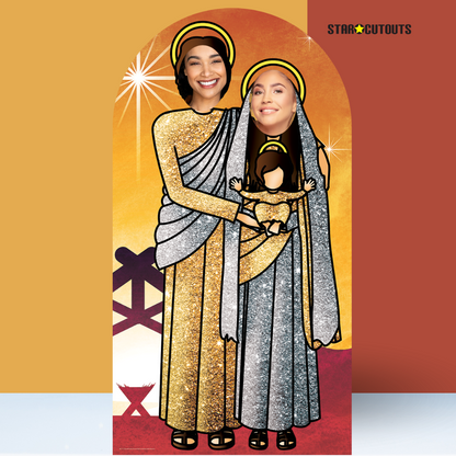 SC1111 Nativity Jesus, Mary and Baby Jesus (Sunset Gold and Silver) Adult Stand-in Cardboard Cut Out Height 174cm