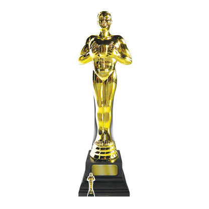 A golden cardboard cutout award figure with a black base, designed to resemble an Oscar statue.
