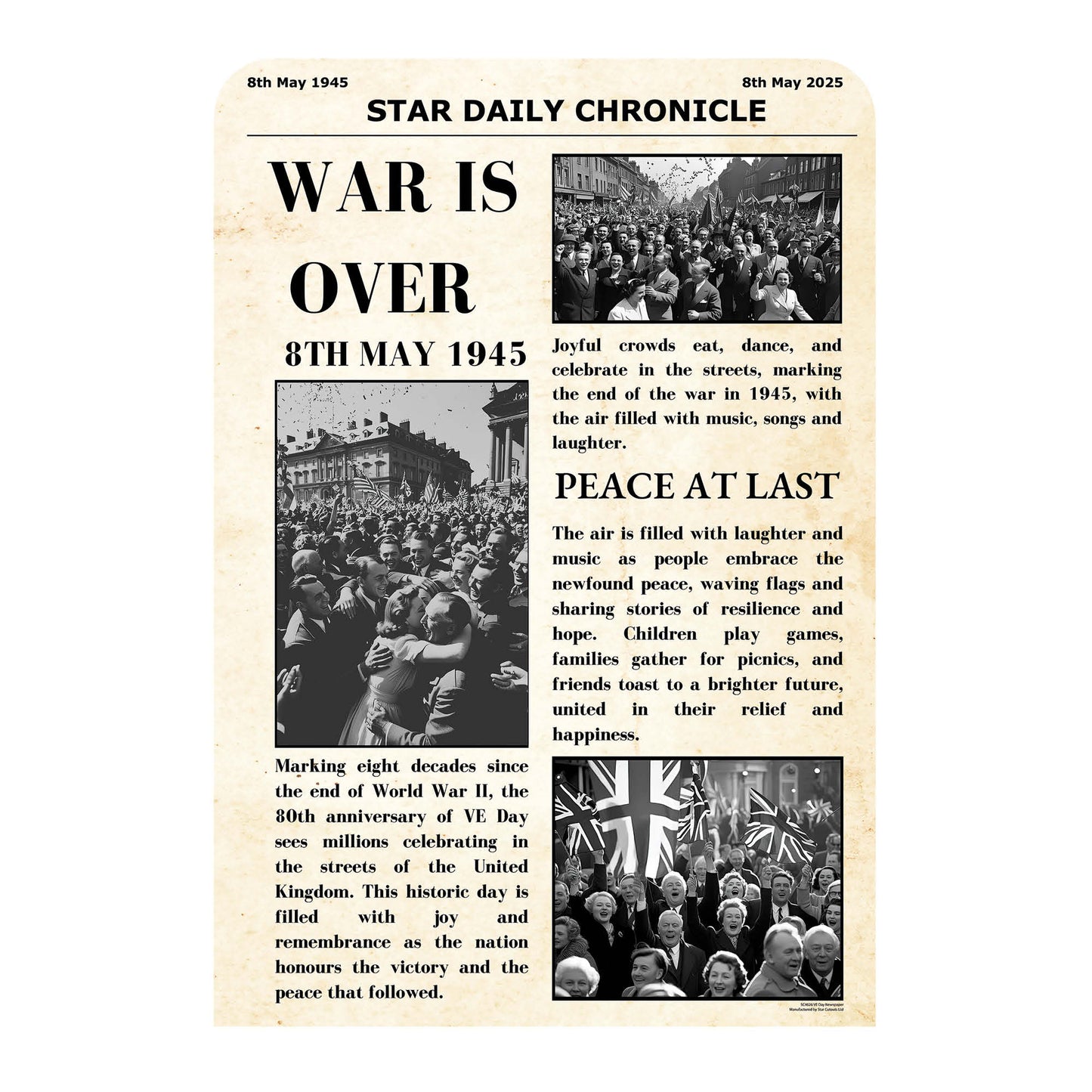 SC4626 War Is Over Newspaper Small  Vintage Backdrop Single Cardboard Cut Out Height 134cm