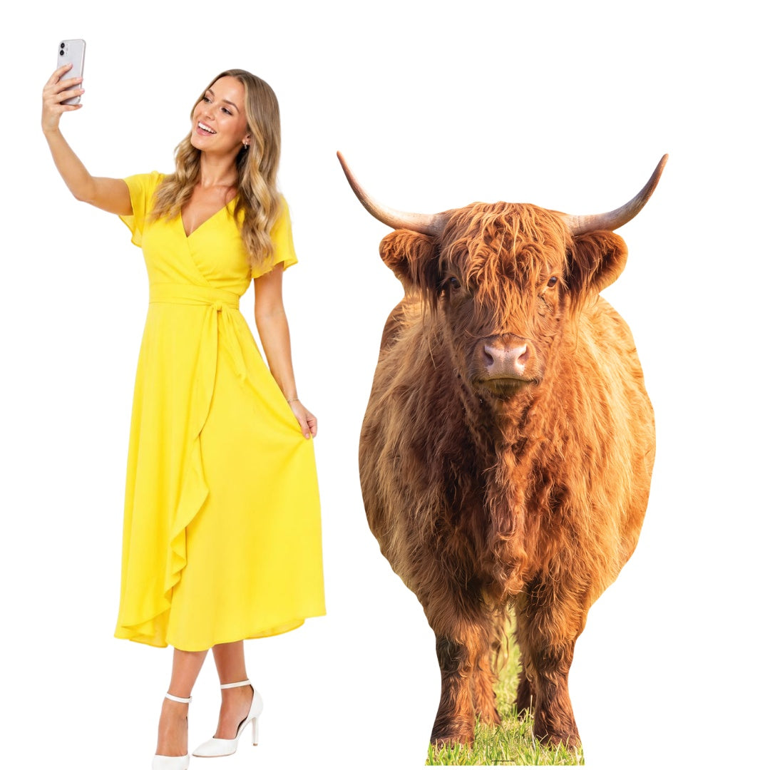 SC5028 Tall Highland Cow in Meadow Cardboard Cutout Height 168cm