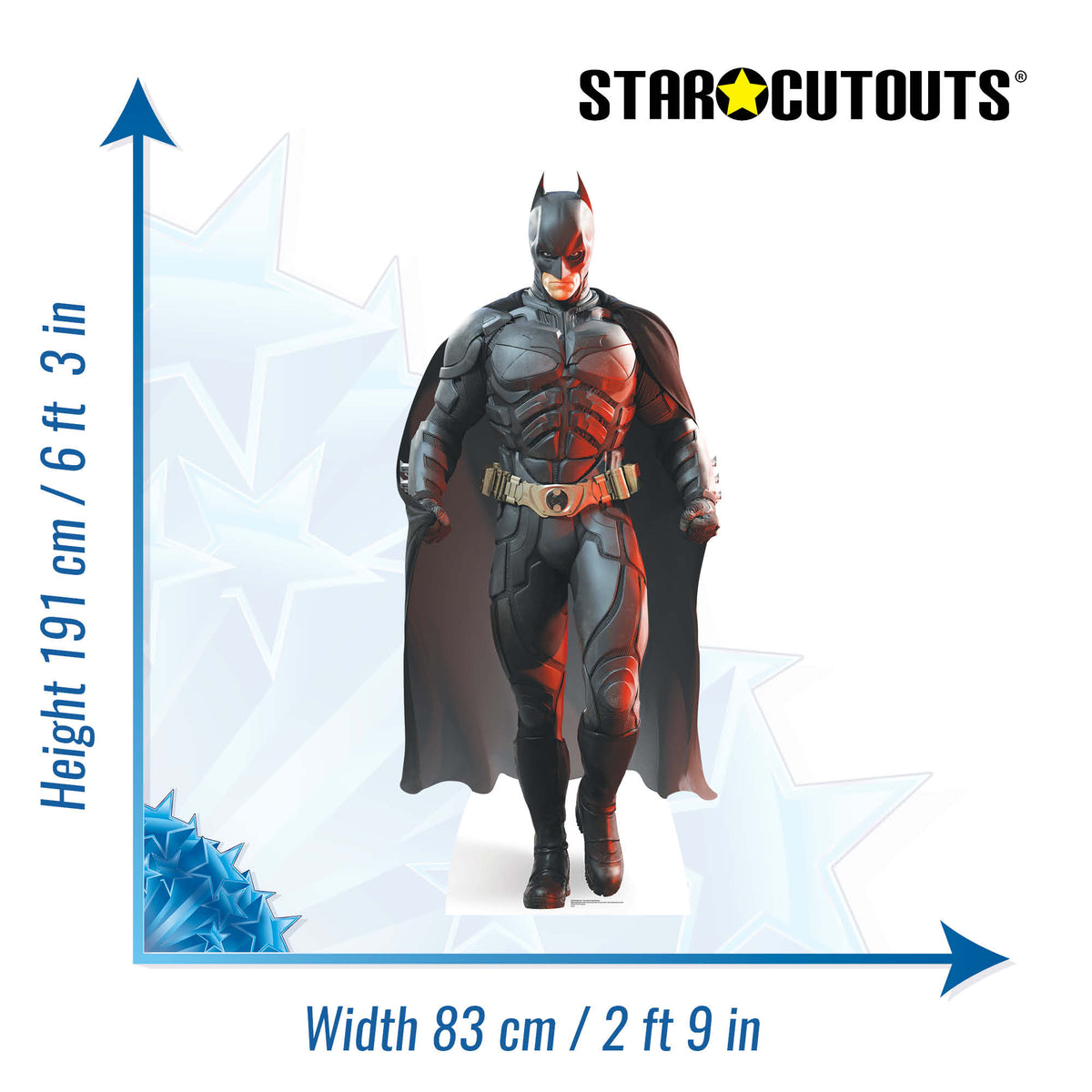 A Batman figure or cutout standee shown on a white background with measurement arrows indicating height 191 cm (6 ft 3 in) and width 83 cm (2 ft 9 in). The StarCutouts logo appears at the top right.
