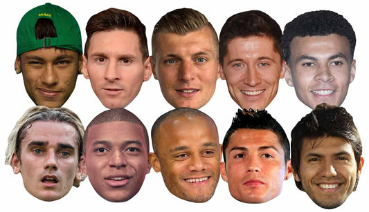 SMP371 Football World Super Party 10 Pack (Ronaldo, Aguero, Neymar, Kompany, Messi, Kroos, Lewandowski, Alli, Mbappe, Griezmann) Football Ten Pack Cardboard Face Masks With Tabs and Elastic