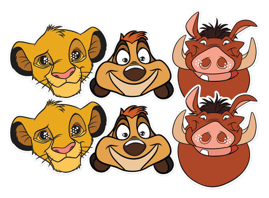 SMP424 Lion King -  (SM376 Simba x 2, SM377 Timon x 2, SM378 Pumbaa x 2)  Six Pack Cardboard Face Masks With Tabs and Elastic
