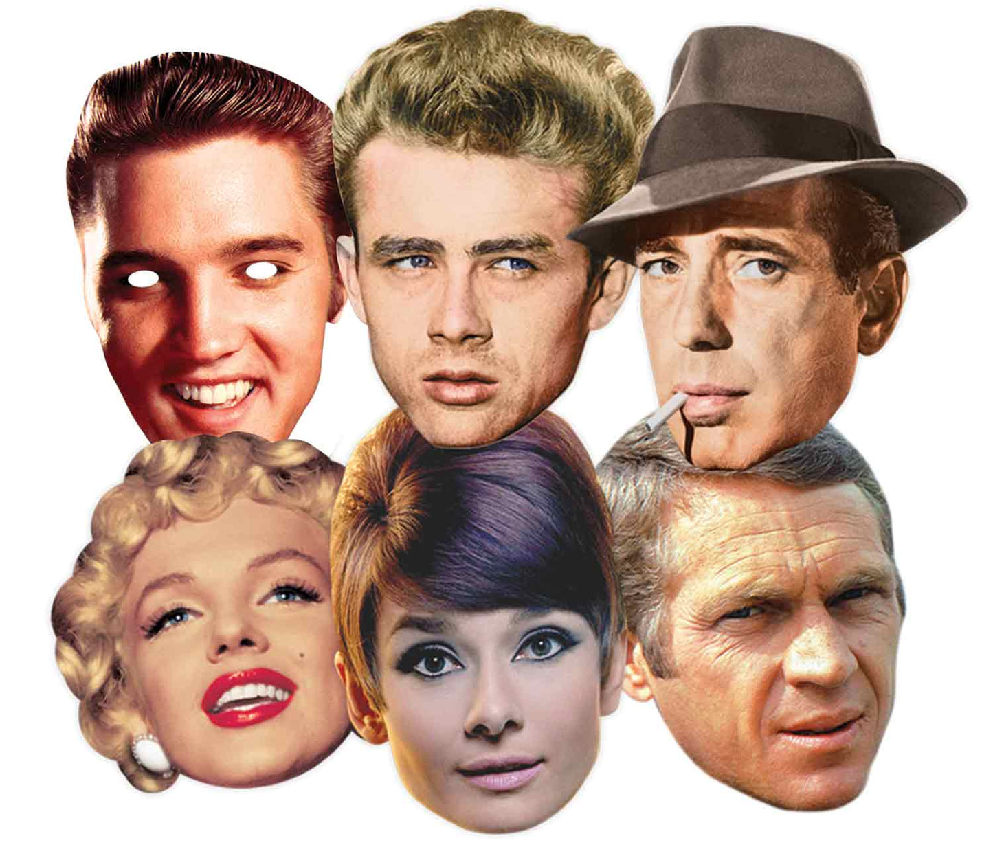 A collection of six cardboard face masks featuring Hollywood actors and actresses, including Elvis, Marilyn Monroe, James Dean, Humphrey Bogart, Audrey Hepburn, and Steve McQueen.