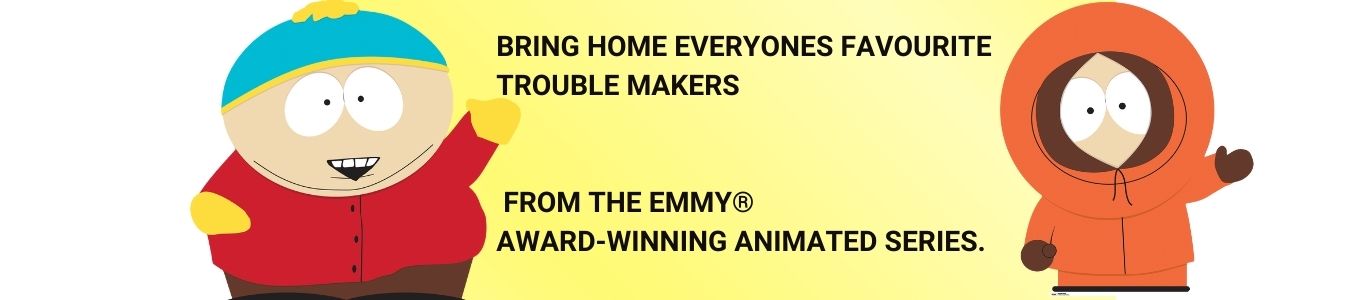 Promotional banner for animated characters from an Emmy award-winning series, featuring a character in a red jacket and another in an orange hoodie. south park cardboard cutouts