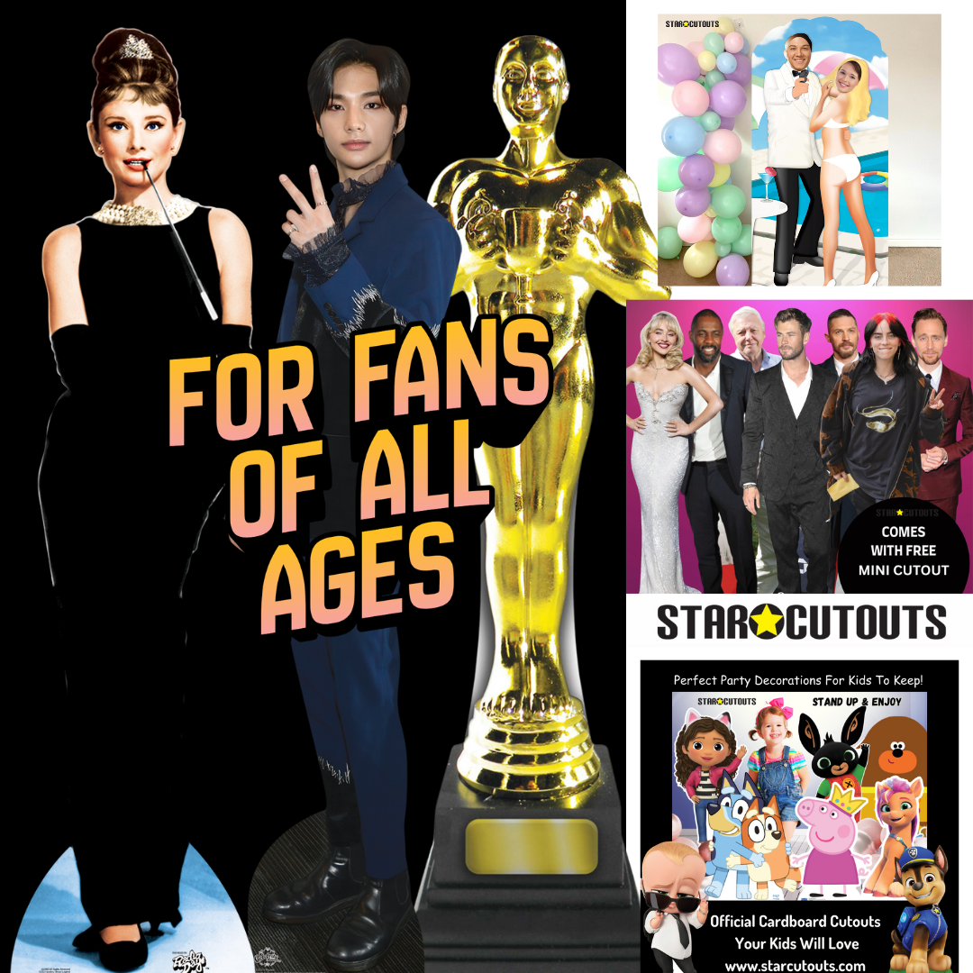 Collage of people, an Oscar statue, and promotional material for Star Cutouts party decorations.