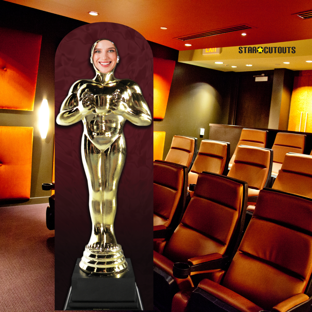 Gold award trophy cardboard cutout for party display that a person is standing in