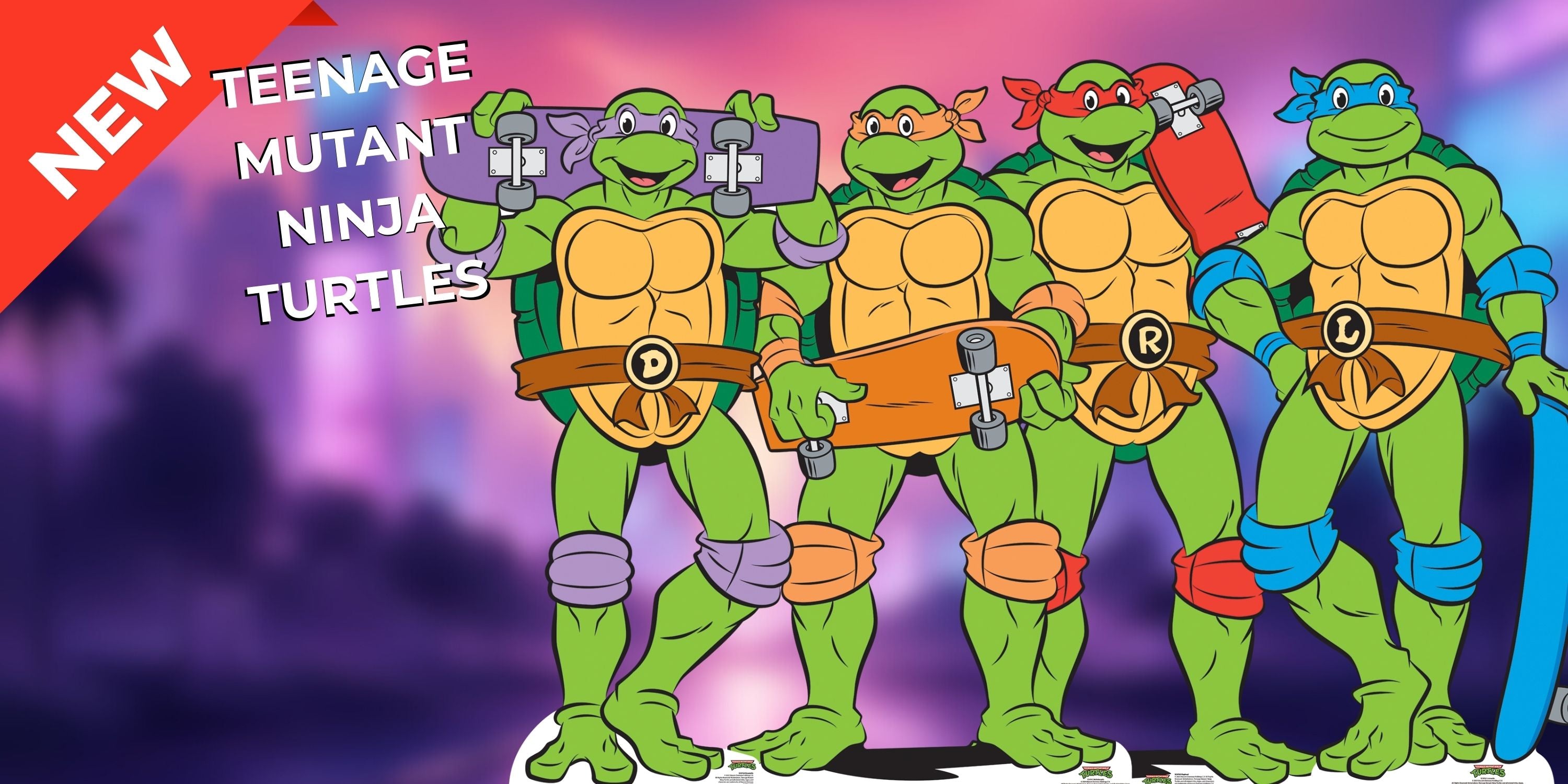 Four green turtles with masks holding skate boards against a purple sky with stars, labeled 'Teenage Mutant Ninja Turtles'.