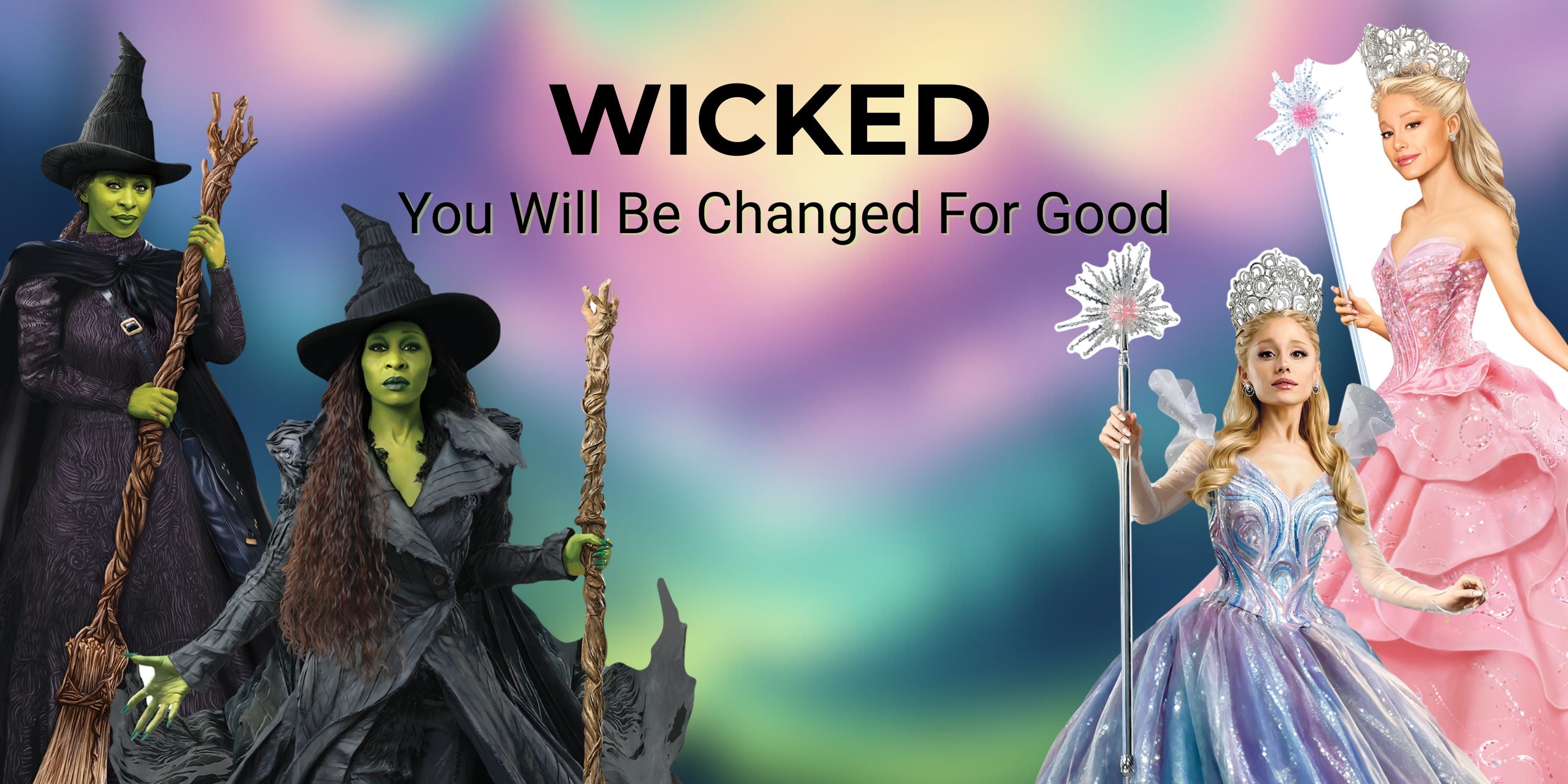Promotional image for 'Wicked' with characters from the musical against a colorful background.