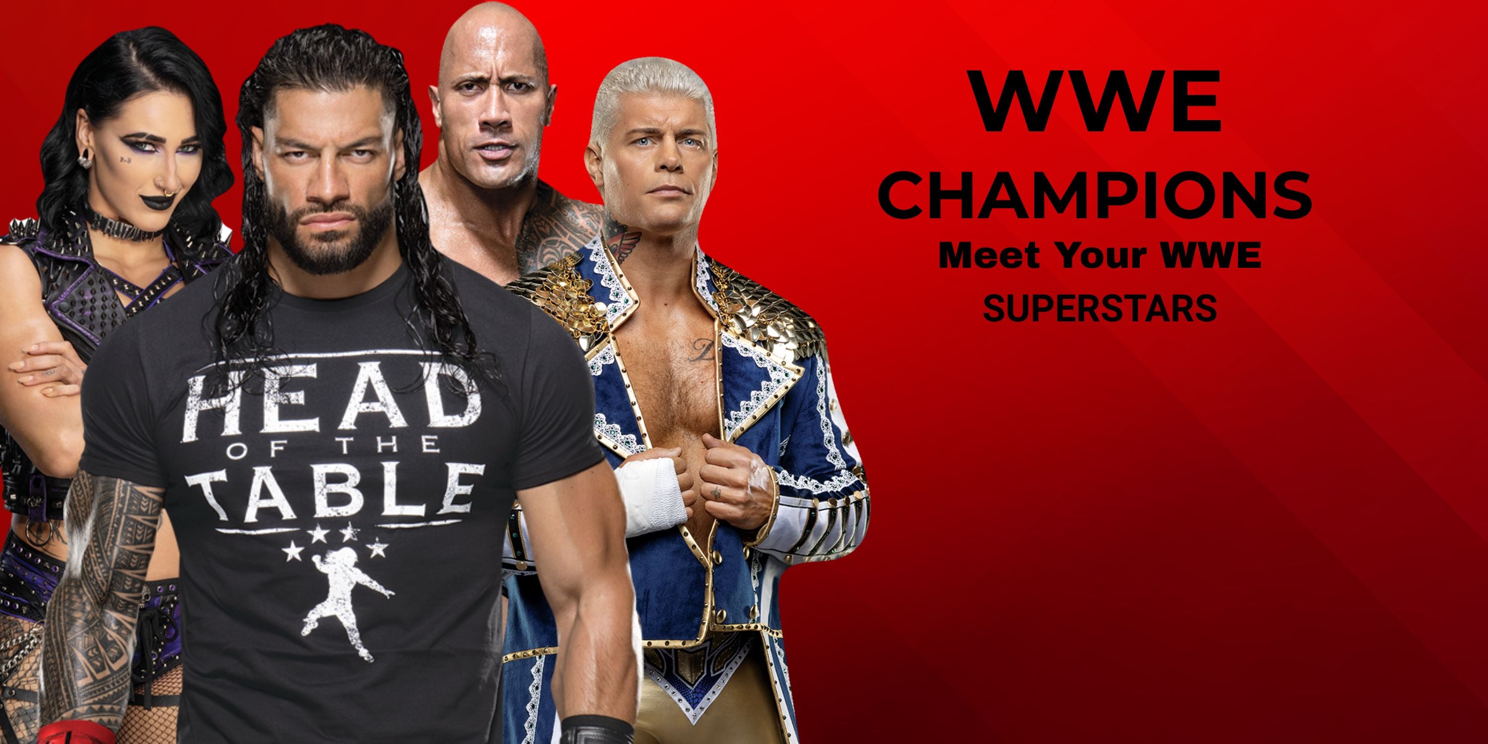 Promotional image of WWE champions with a red background and text.