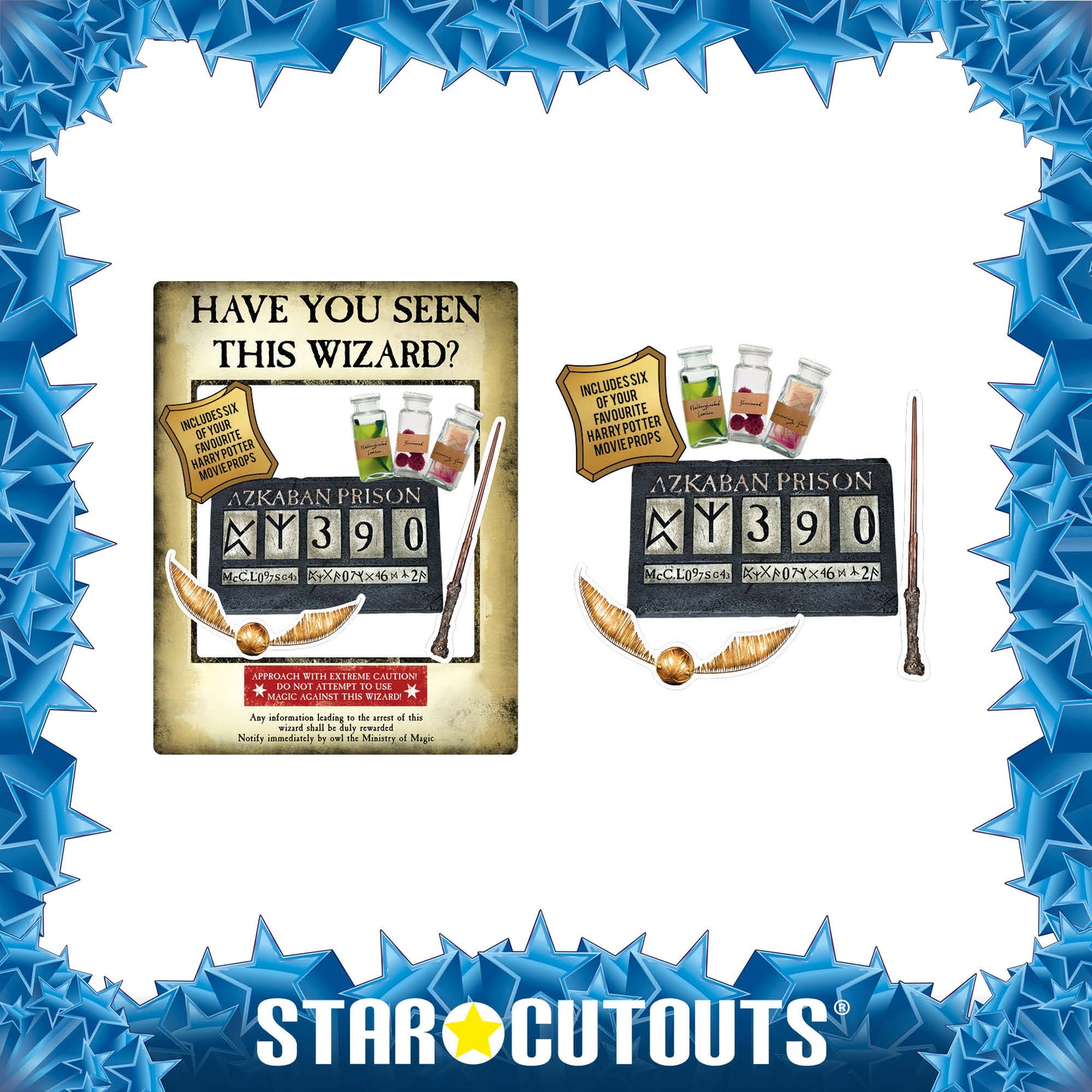 SC1419 Harry Potter Wanted Poster as Gold Selfie Frame Have You Seen This Wizard? Cardboard Cut Out Height 87cm