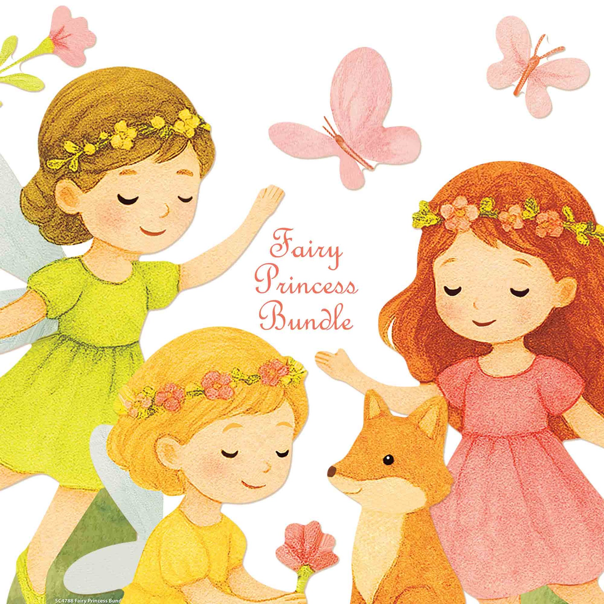 Illustration of three fairy princesses with a fox and butterflies on a white background. Fairy princess cardboard cutout bundle for children’s bedroom or party display (SC4788)